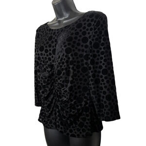 Black Polka Dot Top Burnout Appleseeds 3/4 Sleeve Petite Medium Ruched Front